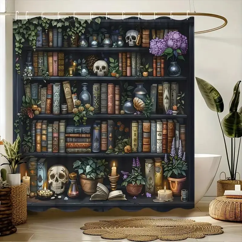 Modern Waterproof Polyester Removable Shower Curtain, Restroom Bathroom Curtain, Bath Curtains Shower, Magic Spooky Skull Bookshelf Pattern, Wall Mounted Shower Curtain Liner, Includes 12 Hooks, 70.8x70.8 Inches