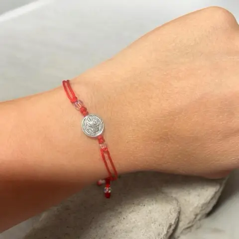 San Benito Handmade Red Cord Bracelet with Silver Medallions Authentic Crafted Accessory
