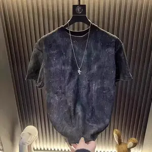 2025 Short Sleeve Summer New Starry Sky Men's Half Sleeve Trendy Sequin Gradient Ripped Crew Neck Top Men's T-Shirt  good graphic tees  flat tummy tee shirt