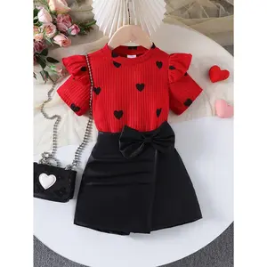 Set of Valentine'S Day Attire for Little Girls: Ruffled Top with Red Heart Design And Black Bow Skirt, 2pcs (Sizes 2-7T)