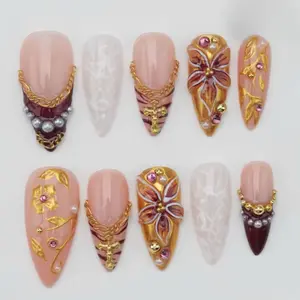 Custom Press On Nails Floral Design Brown Tiger Print Gold Details with Pearl Accents and Cross Embellishments