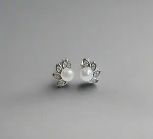 Sterling Silver Dainty Pearl Fan Stud Earrings