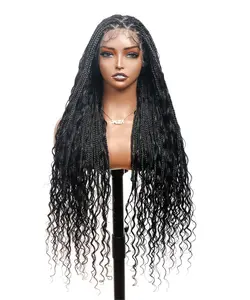 Triangle Base Human Hair Boho Curls 36" HD Full Lace Knotless Boho Box Braided Wig Full Density 99 Strands