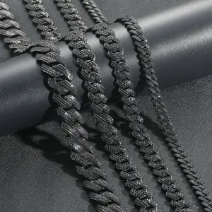 Black Iced Out Cuban Link Chain Necklace for Men Women, 10mm/13mm Heavy Pave Rhinestone Hip Hop Jewelry, Matte Black Urban Streetwear Choker, Gothic Punk Accessory Gift