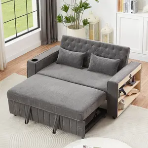 3 in 1 Convertible Sleeper Sofa Bed , 61.4" Loveseat Chenille Upholstered Futon Love Seat Sofabed with Adjustable Backrest, Pull Out Couch Bed Sofacama with Storage Shelves ,Cup Holder for Living Room, Gray Blue Beige