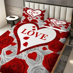 Heart Rose Bedding Set (3-Piece), Valentine's Day Design, Romantic Floral Bedding Series, Soft Bedding Sets, Soft Breathable Mattress Protector