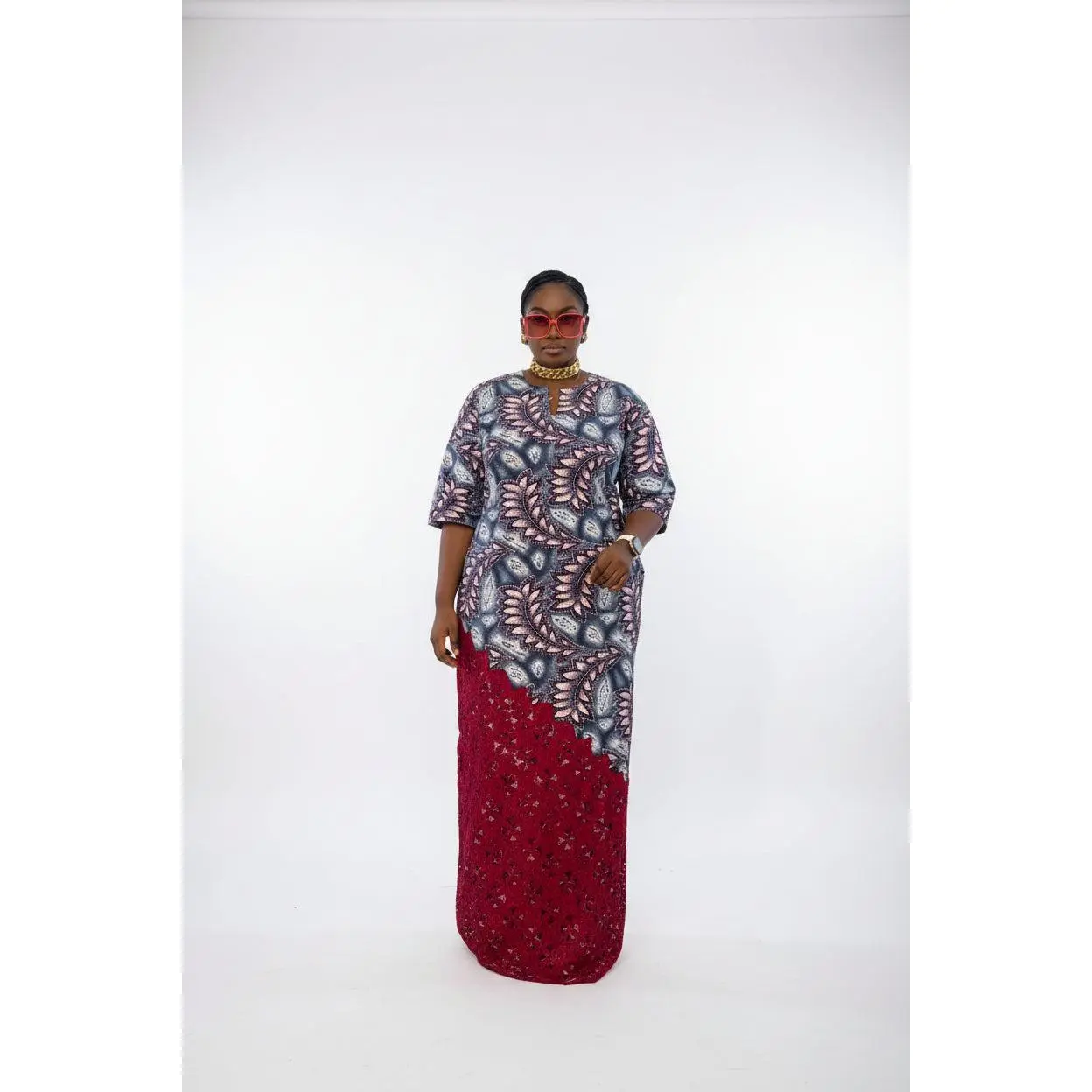 IVIORA Luxury Cotton Ankara Boubou Kaftan Maxi Dress With Crystal Stone Embellishment, Cord Lace Hem and Matching Headscarf