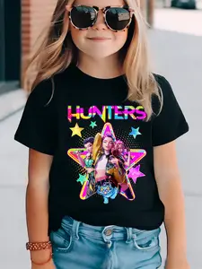 K-Pop Demon Hunters Girls T-Shirt, Star Colorful Print, Cute Cartoon Design, Soft Comfortable Kids Casual Wear, Trendy Fashion Style
