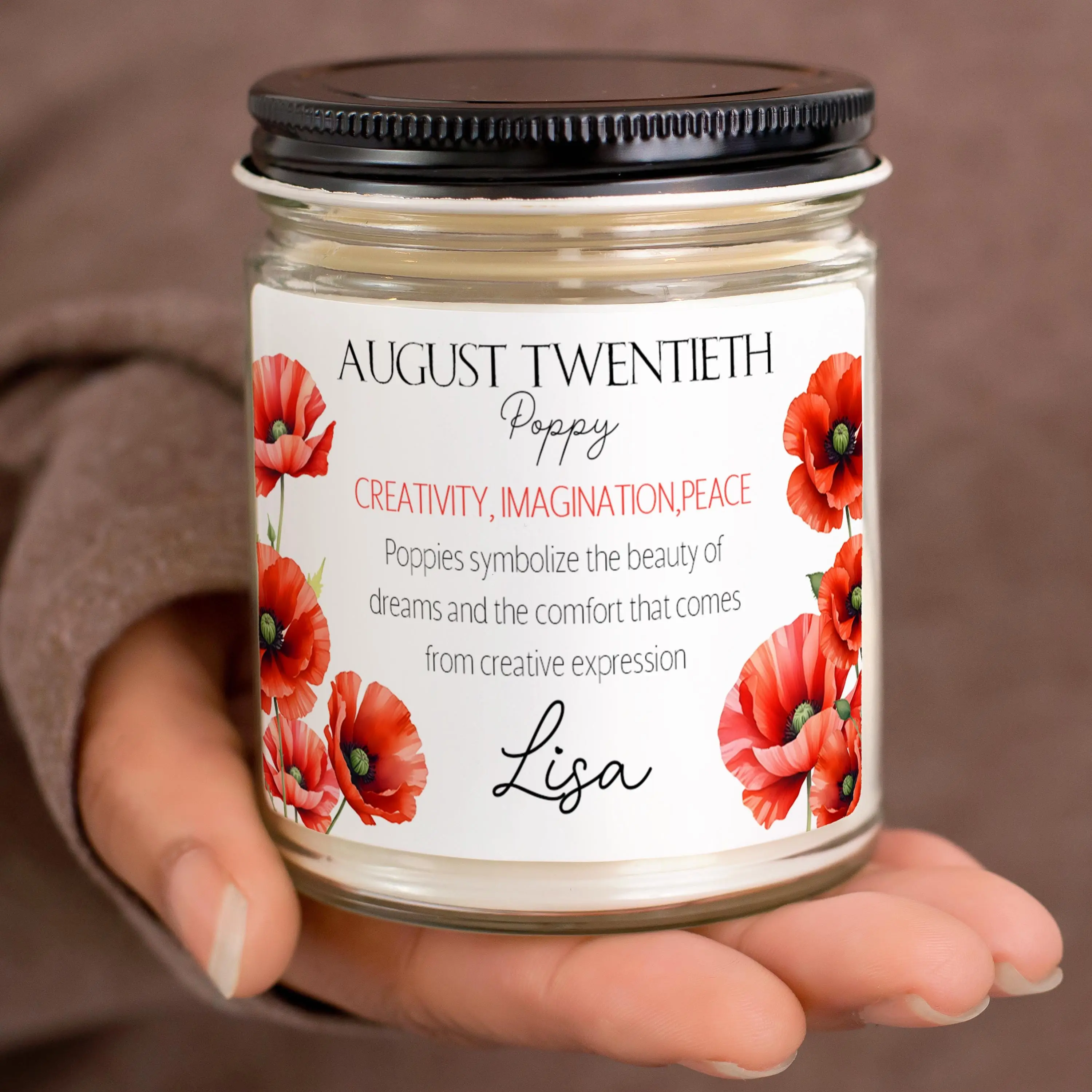 Personalized Birth Flower Candle, Birthdate Candle for Her Custom August Birthflower Month Gift Candle with Name, Birthday Mothers Day Gifts
