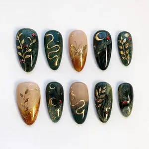 Gothic Press On Nails Long Almond Nails, Orange Nails, Green Cat Eye Nails, Goth  Snake Nails, Butterfly Nails, Gold Chrome Nail