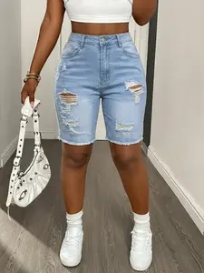 Women's Summer Denim Jeans Elastic Ripped Mid-Thigh Pants, Fitted Casual Fashion Style, Perfect for Daily Wear & Comfortable Fit