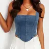 Y2K Curve Chic Minimalist Luxury Women's Light Wash Square Neck Bodysuit, Vertical Fishbone Shaping Bra, Elastic Fitted Sleeveless Innerwear, Gilet