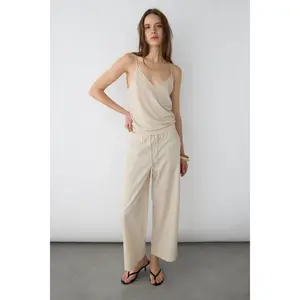 DRAWSTRING WIDE LEG LINEN BLEND PANT