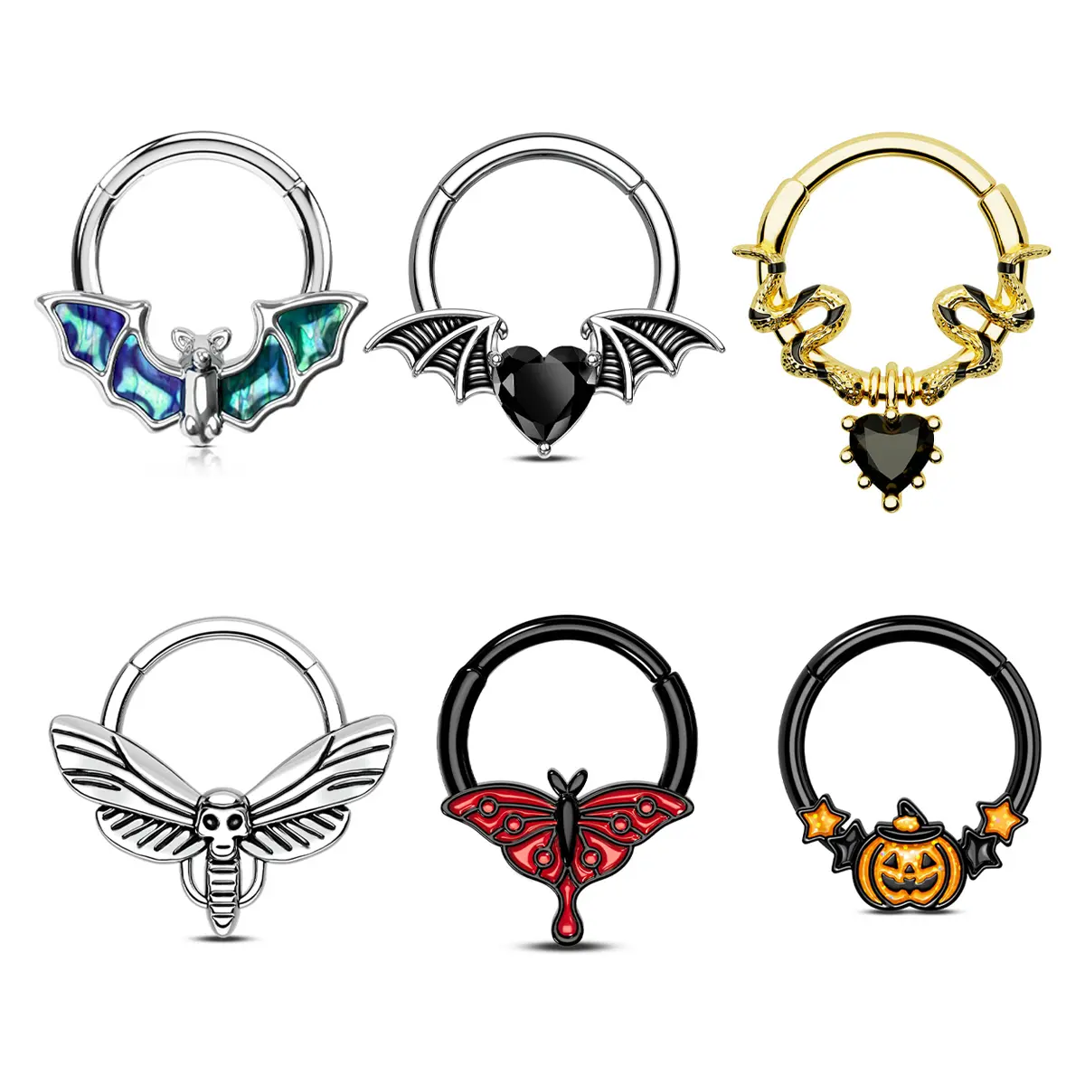 Oufer 16G Halloween Skull Moth Pumpkin Hinged Segment Septum Ring Vintage Body Jewelry Stainless Steel Cartilage Helix Piercing