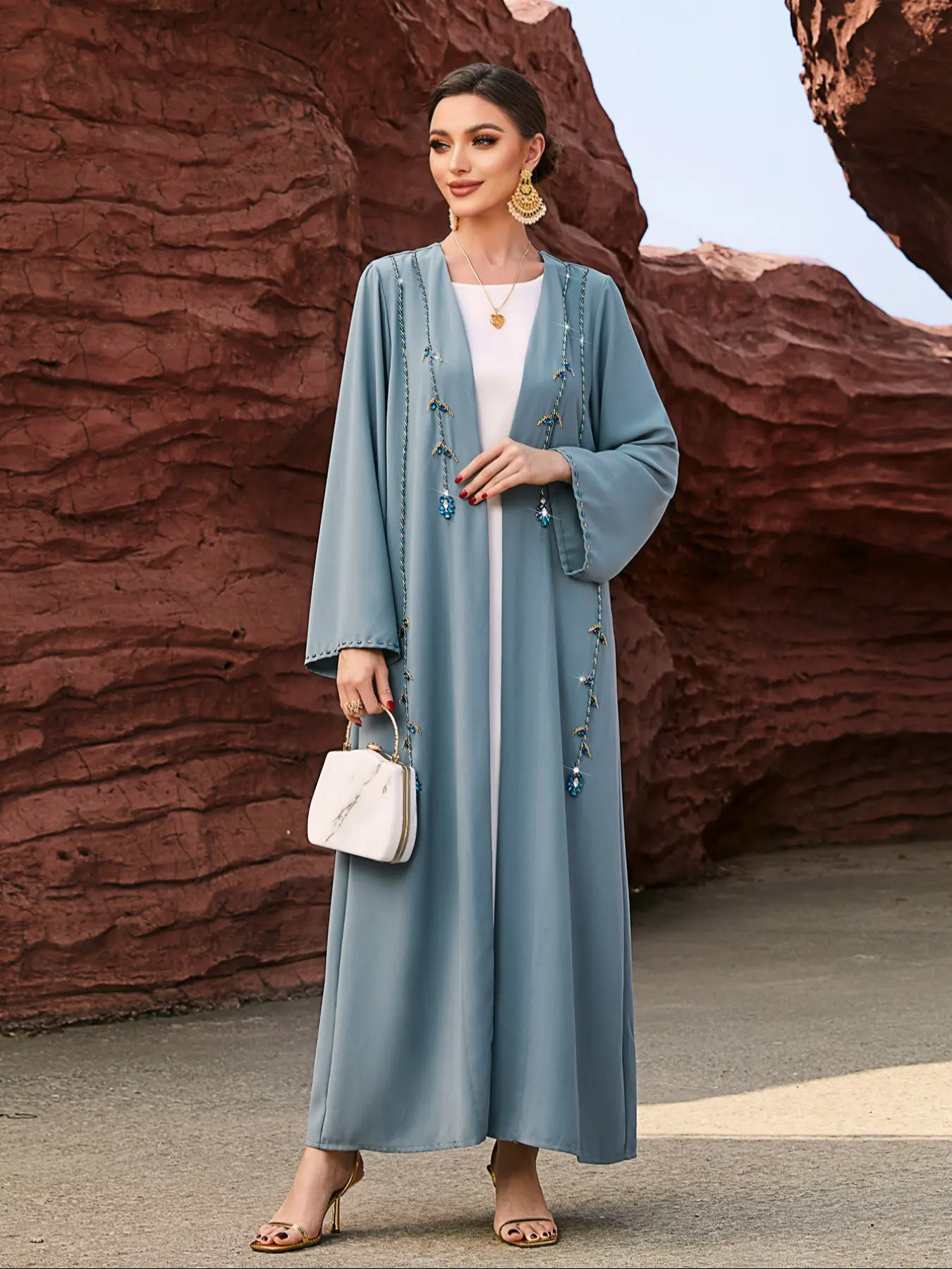 Women's Handmade Rhinestone Blue Open Front Fitted Cardigan, 1 Piece, No Inner Layer Included, Stylish Evening Outerwear for Women