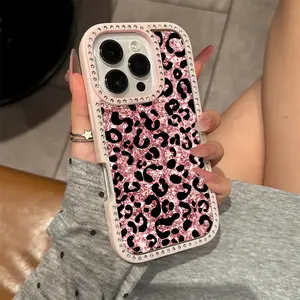 Double-side luxury rhinestone decor phone case for iPhone 17 17air 17pro 17promax 16 15 14 13 12 11 plus pro Max shockproof anti-fall full protective phone casing with creative pink leopard prints