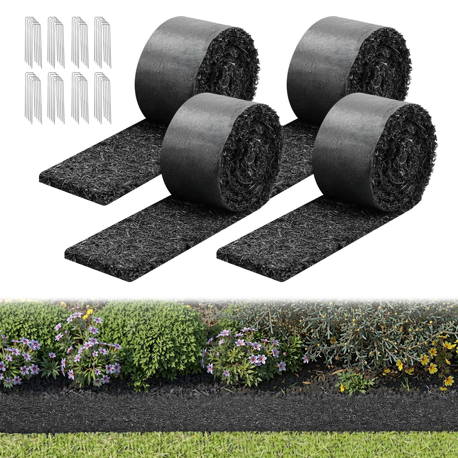 【SummerFinds】VEVOR 4-Pack 100% Recycled Rubber Fiber Mulch Mat Sheet Roll, 120x4.5in (3050x115mm) 0.5in Thick, Weed-Blocking Double Barrier Flower Edging Border with Stakes, Breathable Cuttable Easy-to-Install Garden Supplies DIY Accessory
