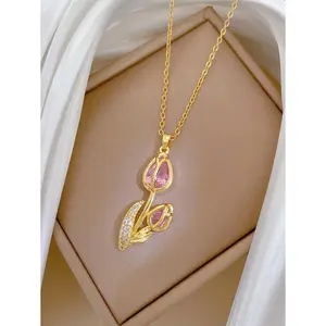 Elegant Rose Flower Necklace for Women, Stainless Steel with Full Rhinestone Design, Anti-Fade, Ideal Valentine’s or Mother’s Day Gift