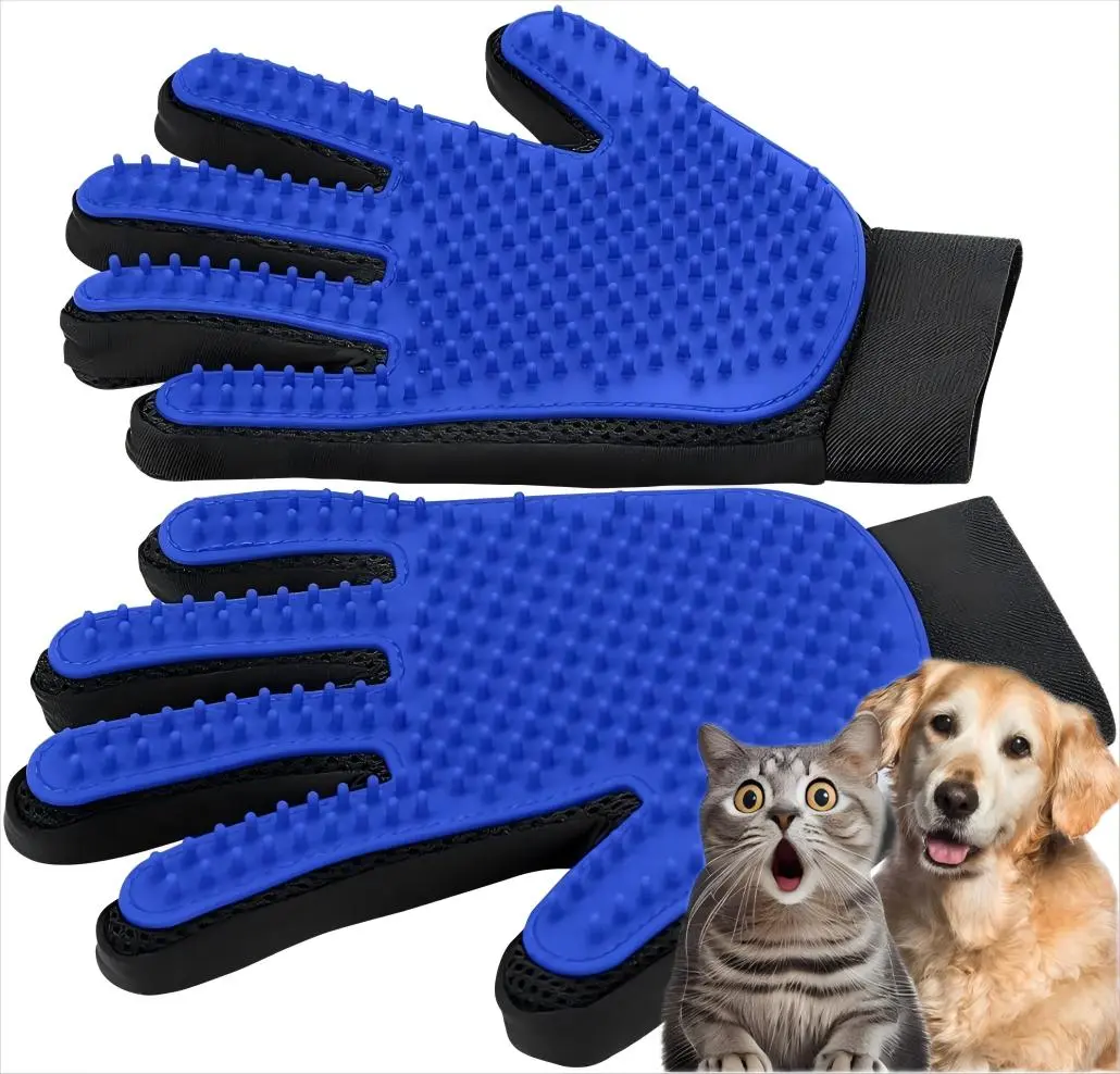 Furminator Upgrade Deshedding Brush Groomer Tools, Gentle Pet Hair Remover Gloves with Adjustable Strap for Dogs/Cats (1 Pair, Blue, Right Hand, Bath Compatible), Silicone Tips