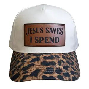 Jesus Saves I Spend Western Trucker Hat - Leopard Print- Adjustable Snapback with Engraved Patch - Lightweight & Breathable Mesh Back - Perfect for Rodeos & Everyday Wear