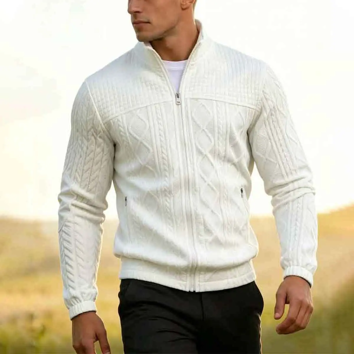 Men's Plain Cable Knitwear Jacket, a Casual Fitted Cut Zip-Up with a Collared Neck and Zipper Pockets, Knitting, All Season Wear, Pull On, Xl