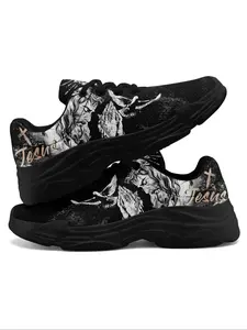 Men's Jesus Print Lace Up Low Top Sneakers, Casual Comfortable Breathable Athletic Running Shoes, Male All-match Round Toe Shoes for Daily Wear