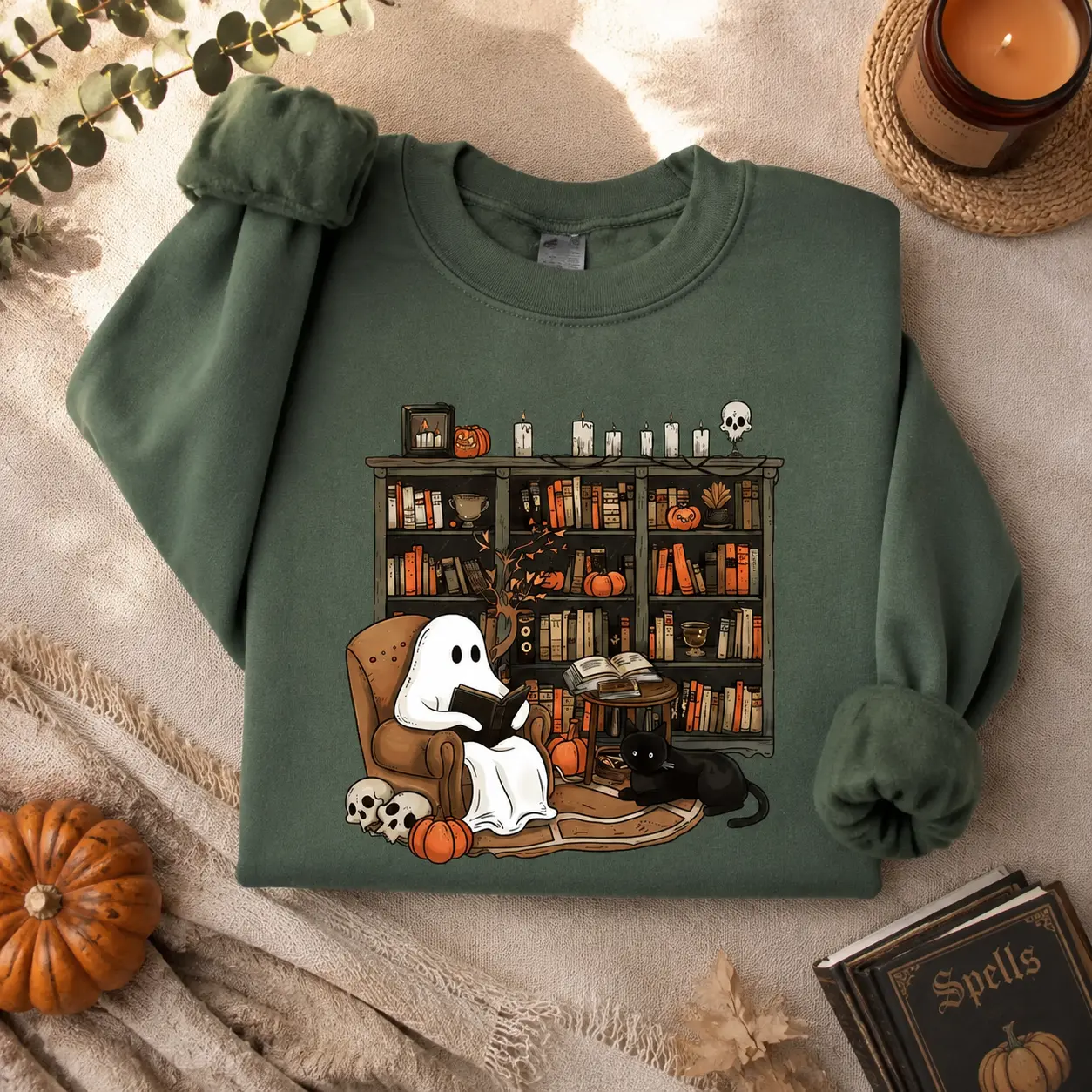 Retro Ghost Reading Sweatshirt, Halloween Librarian Teacher Gift