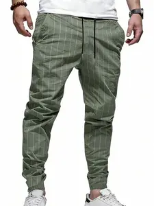 Men's Vertical Striped Drawstring Cargo Pants with Pocket, Casual Long Pants for All Seasons, Comfortable and Versatile Men's Clothing Trouser