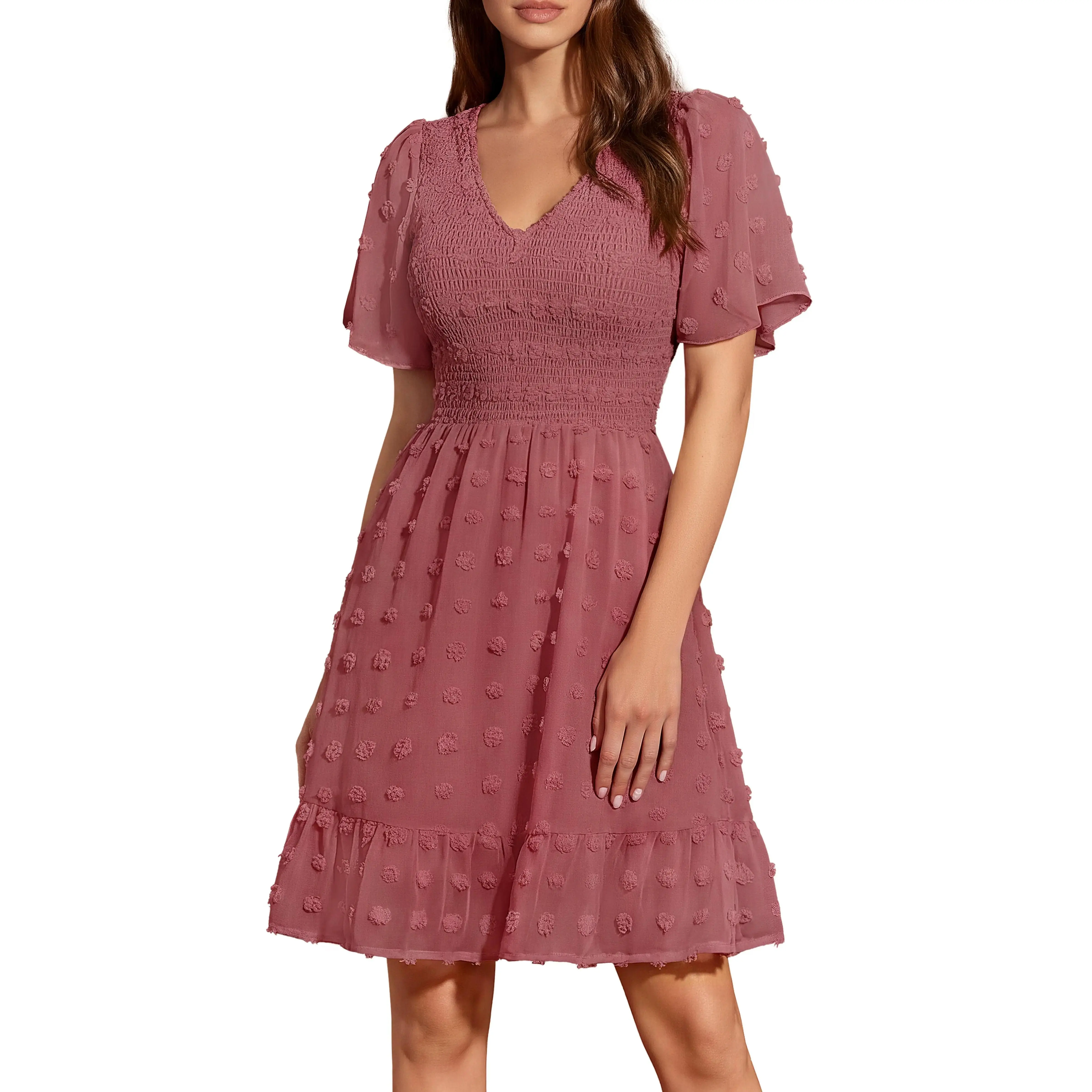 Daintyy  Women's V Neck Casual Vacation Dress Short Sleeve Smocked Swiss Dot Ruffle Mini Beach Summer Dress 2026