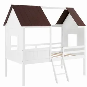 Sweetcrispy Standard Twin Solid Pine Loft Bed Frame - High-Legged Wood Playhouse Look Bed with Roof, Ladder, Whimsical Theme for Bedroom, White, Bedroom Decor Ideas