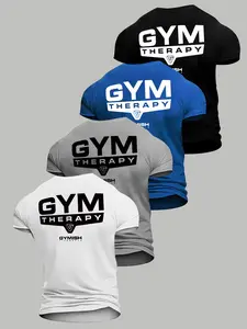 Men's Gym Therapy Letter Print T-Shirt Set, High Elastic Quick-Dry Breathable Fabric, Casual Short Sleeve Fitness Tee for All Seasons