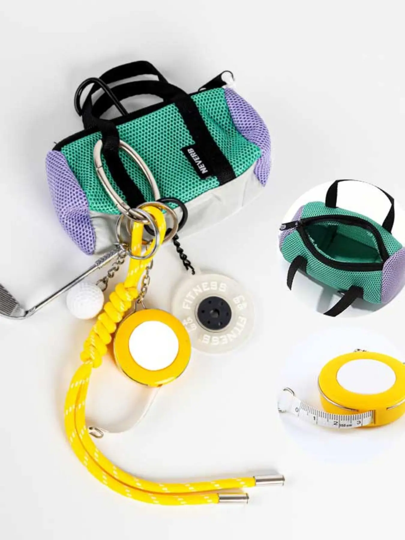 Portable Fitness Pendant Set:Mini Duffle Keychain Gym Bag Mesh Pouch+Tape Measure Keyring+Tennis/Badminton Shuttlecock/Golf Ball Keychain+Weight Barbell Plates Ring+Rope Charms Accessories Clip-On Organizer for Backpack,Purses,Storage for Coins & Earbuds