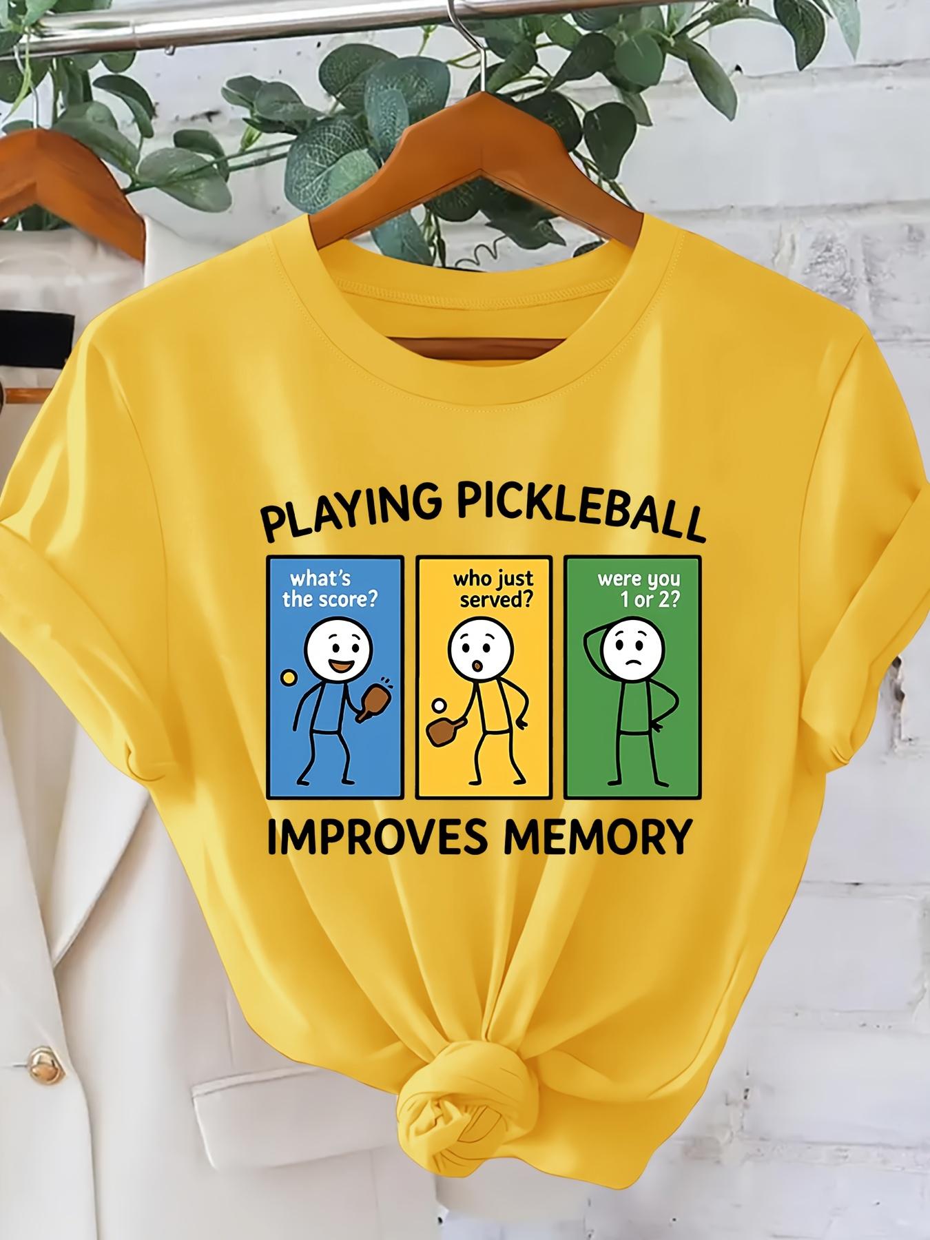 PLAYING PICKLEBALL Fun Cartoon Character Print Fashionable Vintage Style Women's Short Sleeve T-Shirt, Spring/Summer Daily Commute Casual Versatile Elegant Women's Apparel, Sporty Trendy Versatile Design, Simple Round Neck Comfortable Breathable Top,