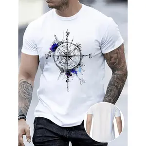 Everyday Comfort] Men's Compass Print Crew Neck T-Shirt - Breathable Polyester, Casual Street Style Short Sleeve Top, Ideal for Spring/Summer Vacation, Unique Gift Option, Vacation Clothing | Modern Casualwear | Smooth Texture, T-