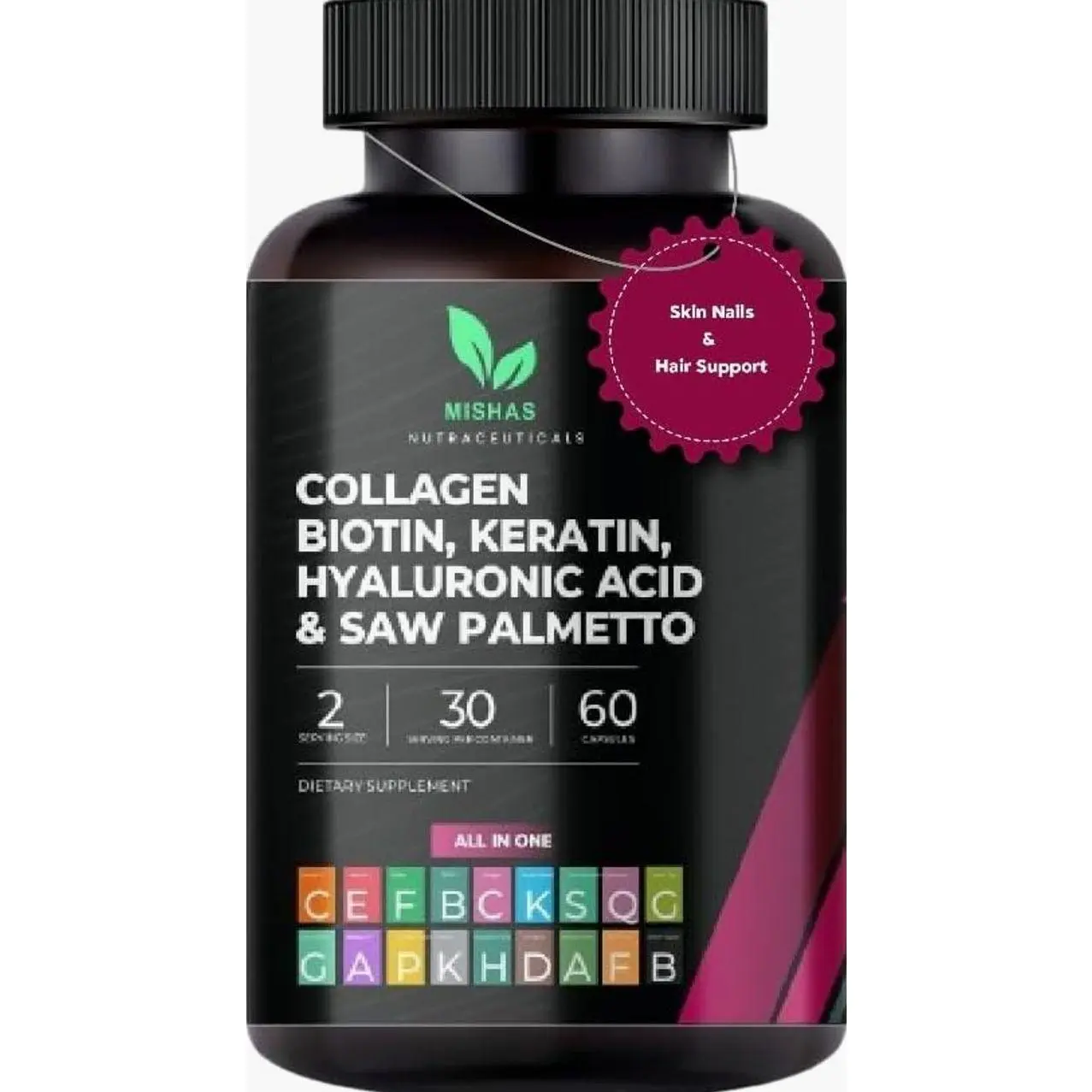 Multi Collagen Hair Pills - Biotin 10,000mcg, Keratin & Hyaluronic Acid - Hair Growth - Hair Skin & Nails Vitamins & DHT Blocker - Vitamin E Folic Acid Pumpkin Seed MSM, Saw Palmetto 60 Vegan Capsules