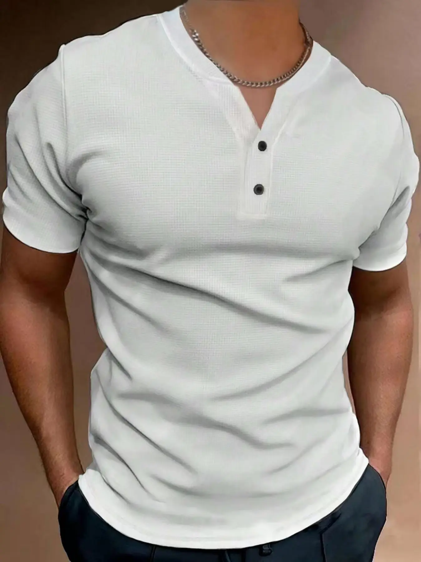 Men's Fashionable Casual Solid Color Henley Short Sleeve Fitted T-Shirt, Simple Design, Waffle Texture, Dual Button Detail, Perfect for Daily Wear, Tee, Top, Menswear, Plain, Basic Tee Tops