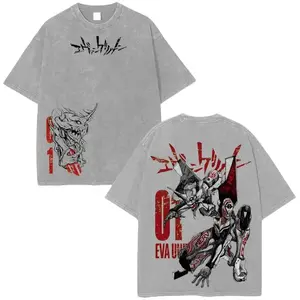 Neon Genesis Evangelion EVA Unit‑01 Double‑Print Vintage Washed T‑Shirt, Anime OOTD show Mecha Anime Oversized Graphic Tee, Retro Streetwear Pure Cotton Casual Top, Unisex Short Sleeve Apparel for Men Women Anime Fans