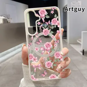 Magnetic Phone case Compatible With Samsung Galaxy S26 S23 Ultra S24 Plus S25 Edge S22+ FE Pink Floral Reverie Pattern Non-Yellowing Shockproof Soft Silicone Transparent Acrylic Cover Supports Wireless Charging