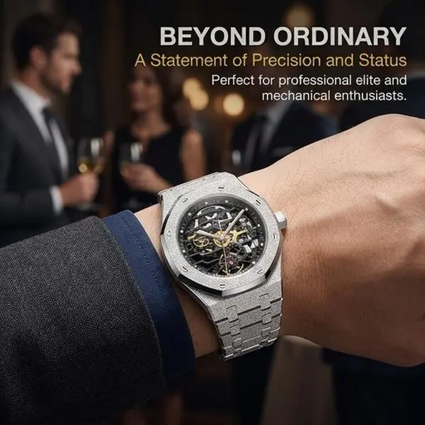 Men’s Octagon Skeleton Automatic Watch, Frosted Sparkle Silver Stainless Steel Bracelet, Full Open Hollow Mechanical Dial Luxury Business Casual Wrist Watch,