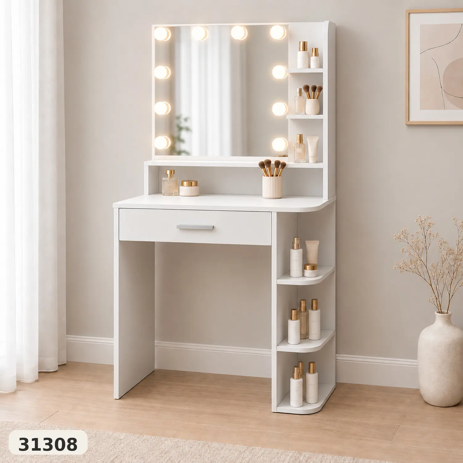 Lighted Vanity Desk - 26.4" Small Room Fit Compact Indoor Vanity Makeup Furniture, 10-Bulb Bright View, 3 Color Lighting Modes (Cool/White/Yellow), 1 Large Drawer Space, 6-Level Storage, Black Finish