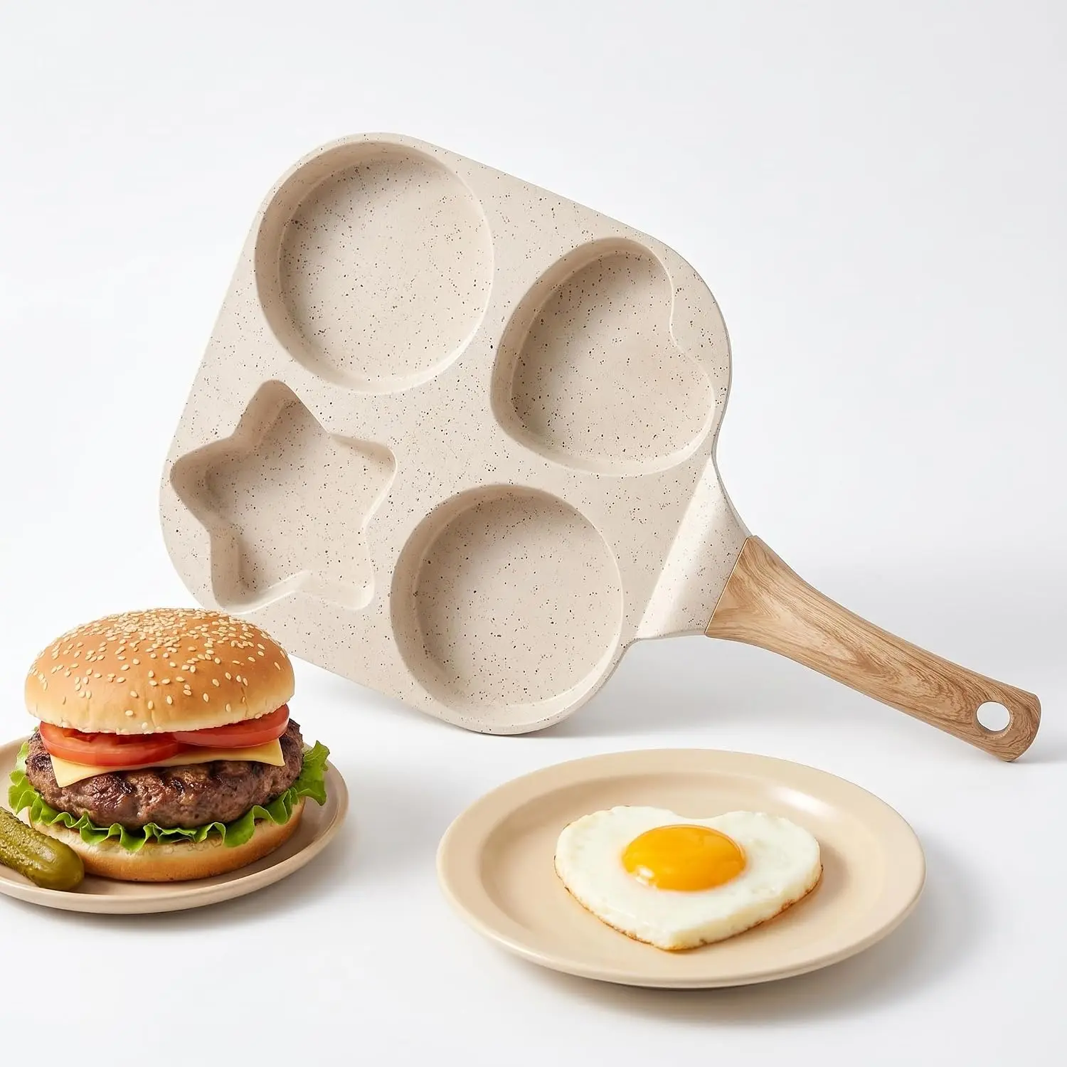 Non Stick 4-Cavity Egg Frying Pan with Heart & Star Shapes, 7.5 Inch Granite Breakfast Skillet, Quick Heating, Easy Clean, Ideal for Eggs & Pancakes