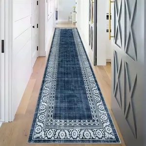 Vintage Blue Long Rug, Retro Bohemian Moroccan Style Carpet, Living Room Bedroom Decor, Easy Storage