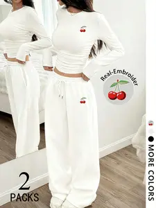 Y2K Campus Youth Fashion Style Cherry Embroidery Sweet Cool Casual Set, Fitted Short Top and Wide Leg Pants, All Seasons School Wear