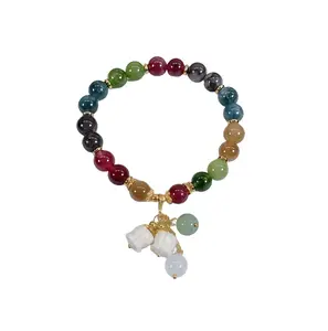 Multicolor Crystal Beaded Bracelet with Bell Charm, Natural Stone Lucky Bracelet, Aesthetic Handmade Jewelry for Women, Daily Wear & Party Gift