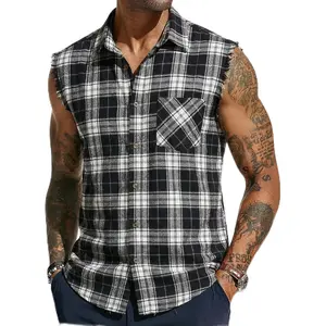 Runcati Men's Sleeveless Plaid Shirts Button Down Casual Flannel Cowboy Vest Shirt Cotton Tops with Pocket