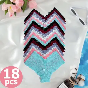 QQ Women’s 18-Piece Mid-Rise Lace Underwear - Transparent Floral Design, Bow Accent & Lace Trim | Breathable Soft Stretchy, Plus Size Friendly | Everyday Wardrobe Essentials, Perfect for Daily Use | Christmas & New Year, Ideal Thoughtful Gift for Her