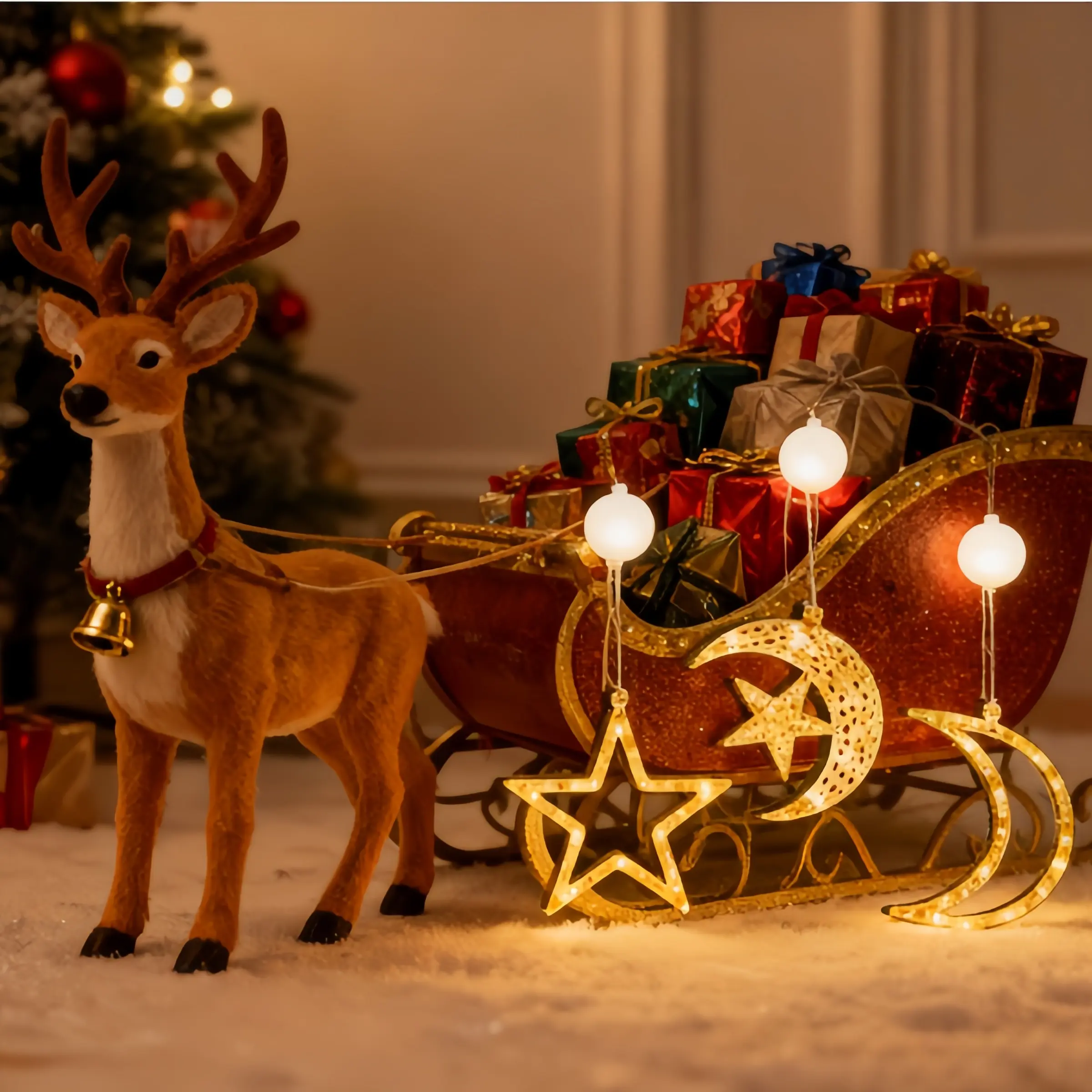 3 PCS Christmas Window Lights Decorations with Timer,Battery Powered Christmas Window Hanging White Lighted Lucky Star Moon Shaped LED Sucker Lamp for Xmas Tree Fireplace Window Indoor Outdoor Decor(Battery Not Included)