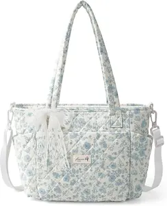 WOBAGMEN Quilted Lunch Box for Women,Insulated Lunch Tote Bag for Women for Work, Coquette Large Capacity Lunch Tote with Shoulder Straps, Elegant Lunch Purse for Office, Travel, Daily Use,Blue Floral