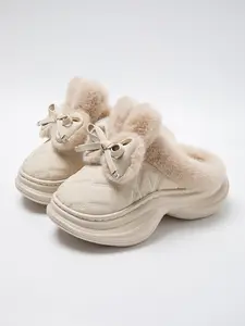 Women's Thick Sole Anti-Slip Bow Comfortable Warm Fleece Winter Indoor Outdoor Slippers, PU Leather, Medium Width, Eva Sole
