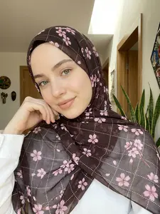 Women's Caramel Floral Shadow Wide Hem Bali Silk Digital Print Scarf, Sun Protection Multicolor Shawl, Elegant Multi-Purpose Wrap